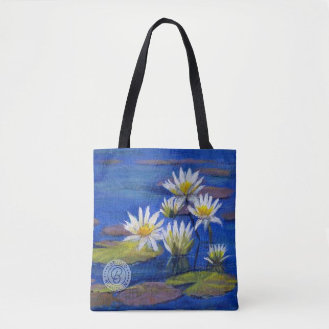 Midnight Blue, White Lily Flowers Tote Design Bag (Front)