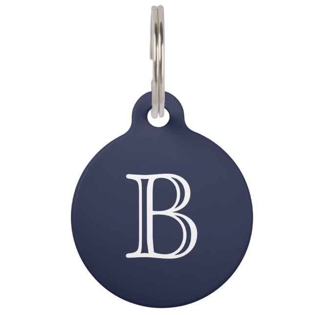 Midnight Blue White Monogram Initial Pet ID Tag (Front)