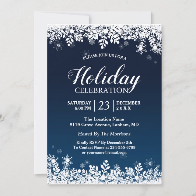 Midnight Blue White Snowflakes Holiday Celebration Invitation (Front)
