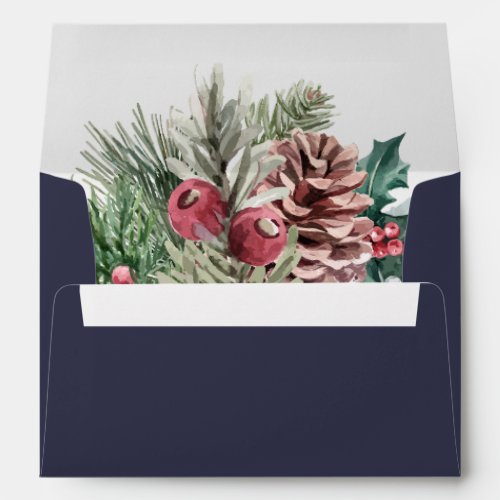 Midnight Blue Winter Evergreen Wedding Envelope