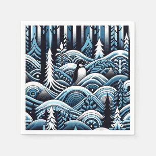 Midnight Blue Winter Forest With Cute Lone Penguin Napkins