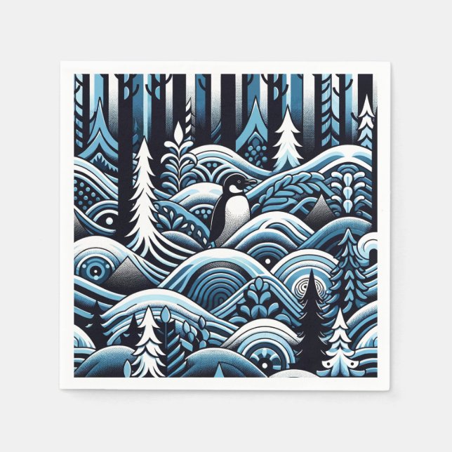 Midnight Blue Winter Forest With Cute Lone Penguin Napkins (Front)