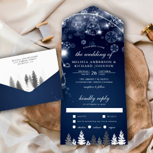 Midnight Blue Winter Wonderland Pine Trees Wedding All In One Invitation