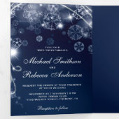 Midnight Blue Winter Wonderland Snowflakes Wedding Tri-Fold Invitation (Inside First)