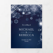 Midnight Blue Winter Wonderland Snowflakes Wedding Tri-Fold Invitation (Cover)
