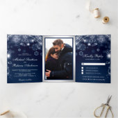 Midnight Blue Winter Wonderland Snowflakes Wedding Tri-Fold Invitation (Inside)