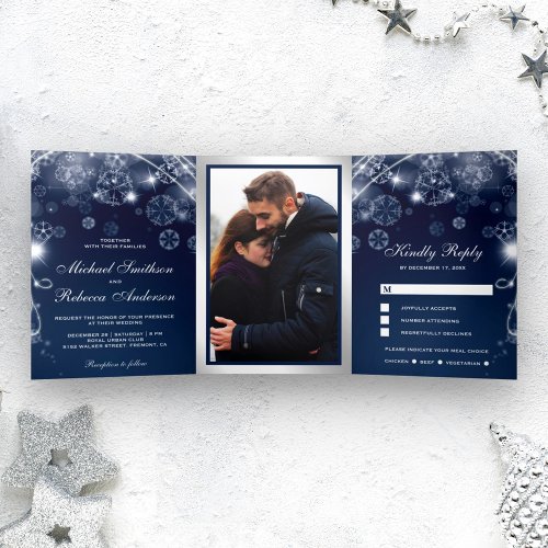 Midnight Blue Winter Wonderland Snowflakes Wedding Tri_Fold Invitation