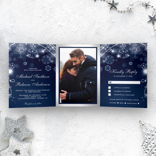 Midnight Blue Winter Wonderland Snowflakes Wedding Tri-Fold Invitation