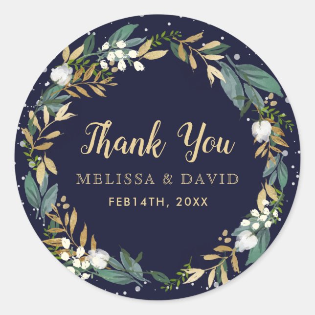 Midnight Blue Winter Wreath Thank You Stickers (Front)