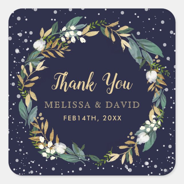 Midnight Blue Winter Wreath Thank You Stickers (Front)