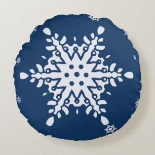 MIDNIGHT BLUE WITH SNOWY SNOWFLAKE HOLIDAY ROUND PILLOW