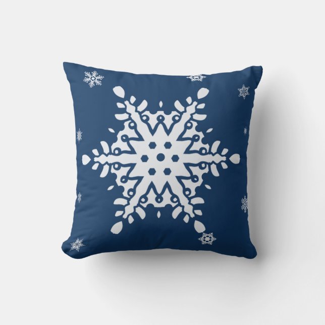 MIDNIGHT BLUE WITH SNOWY SNOWFLAKE HOLIDAY THROW PILLOW (Front)