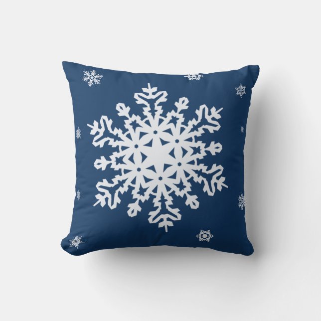 MIDNIGHT BLUE WITH SNOWY SNOWFLAKE HOLIDAY THROW PILLOW (Front)