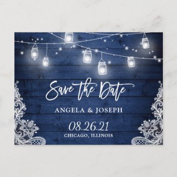 Midnight Blue Wood Mason Jar Light Save The Date Announcement Postcard by CardHunter at Zazzle