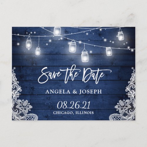 Midnight Blue Wood Mason Jar Light Save the Date Announcement Postcard - Midnight Blue Wood Mason Jar Light Save the Date Card.
(1) For further customization, please click the "customize further" link and use our design tool to modify this template. 
(2) If you need help or matching items, please contact me.