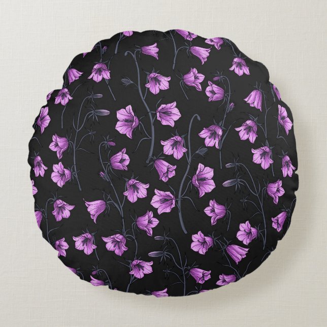 Midnight Bluebells, Harebells, Bellflowers 2 Round Pillow (Front)