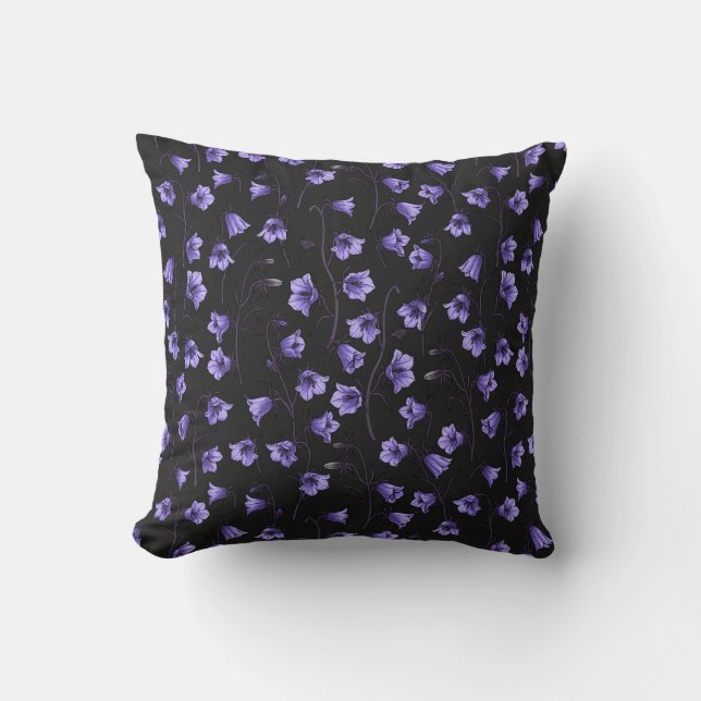 Midnight Bluebells, Harebells, Bellflowers Throw Pillow (Front)