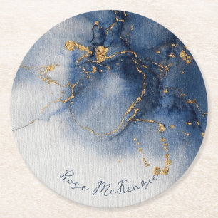 Midnight Blues and Golden Gleam Abstract Round Paper Coaster