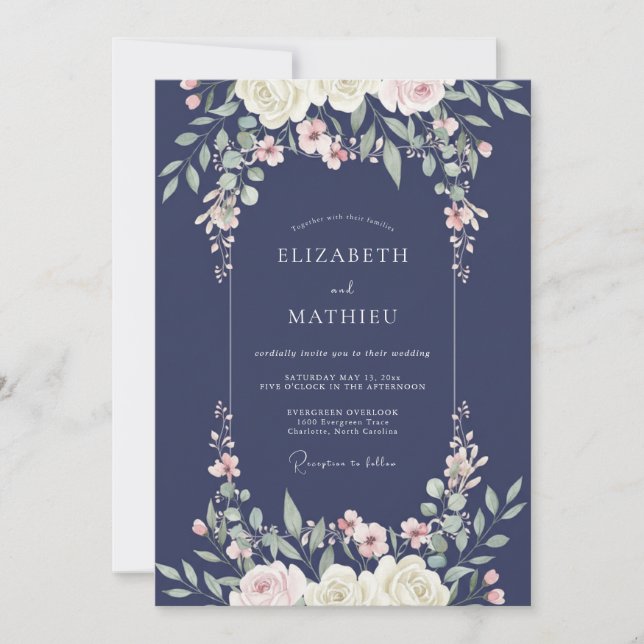 Midnight Blush Blossom Wedding Invitation (Front)