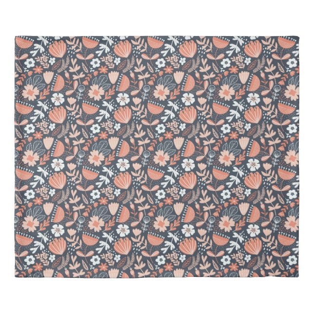 Midnight Boho Flowers | Soft Pink Navy Blue Duvet Cover (Front)