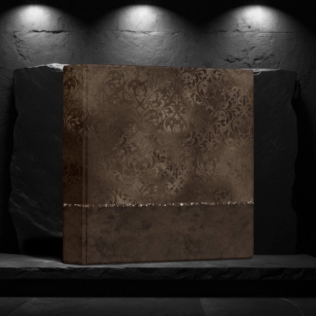 Midnight Bronze Romance | Satiny Grunge Damask 3 Ring Binder (Creator Uploaded)