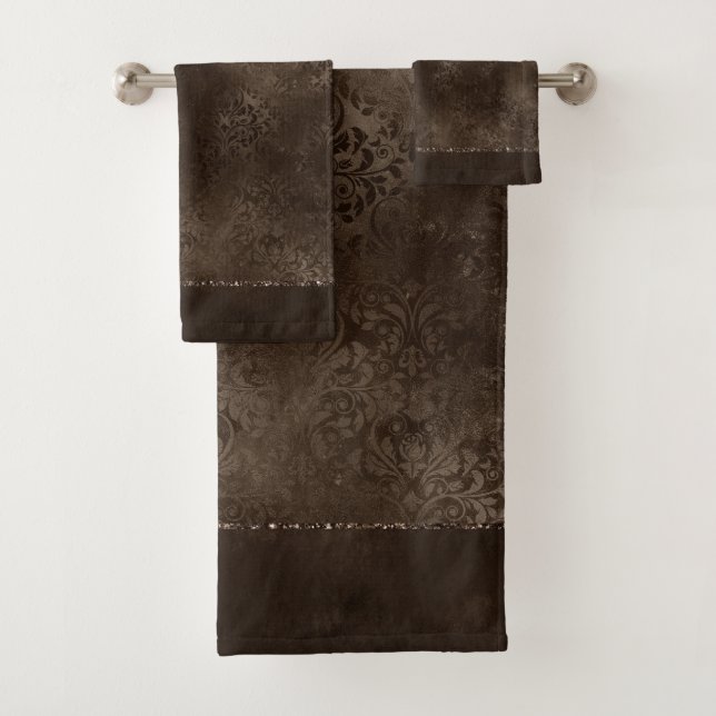 Midnight Bronze Romance | Satiny Grunge Damask Bath Towel Set (Insitu)