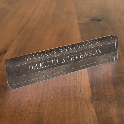 Midnight Bronze Romance  Satiny Grunge Damask Desk Name Plate