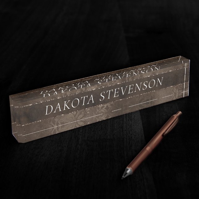 Midnight Bronze Romance | Satiny Grunge Damask Desk Name Plate (Creator Uploaded)