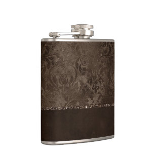 Midnight Bronze Romance Satiny Grunge Damask Flask
