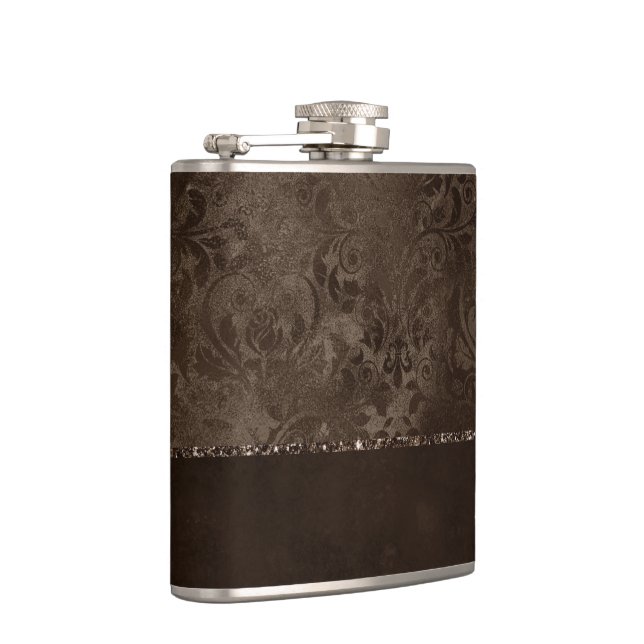 Midnight Bronze Romance | Satiny Grunge Damask Flask (Right)