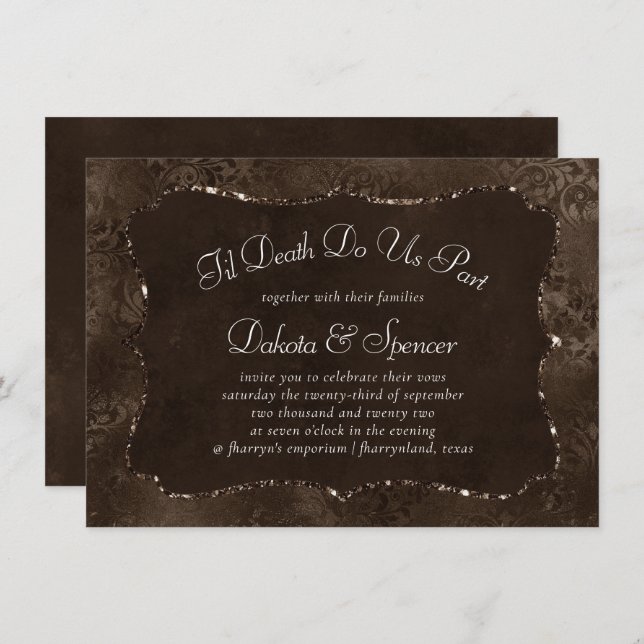 Midnight Bronze Romance | Satiny Grunge Damask Invitation (Front/Back)