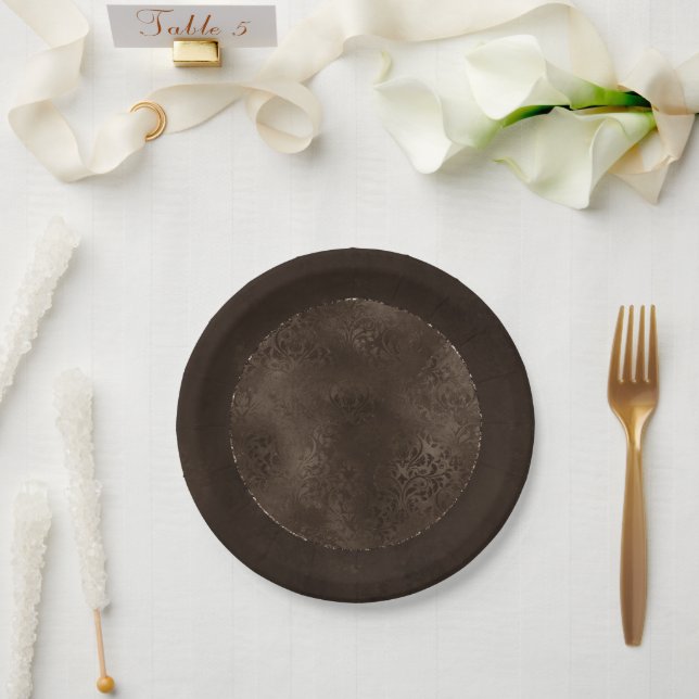 Midnight Bronze Romance | Satiny Grunge Damask Paper Plates (Wedding)