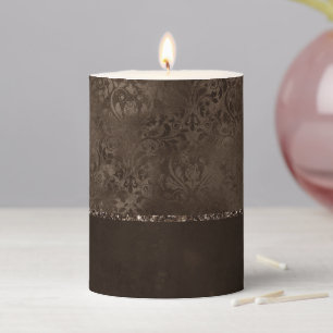 Midnight Bronze Romance   Satiny Grunge Damask Pillar Candle