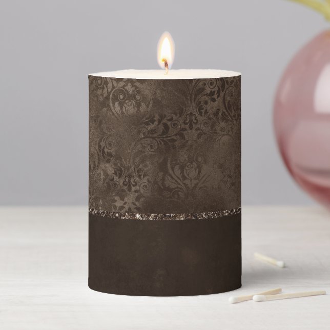 Midnight Bronze Romance | Satiny Grunge Damask Pillar Candle (In Situ)