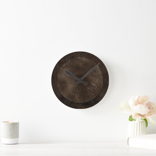 Midnight Bronze Romance  Satiny Grunge Damask Round Clock