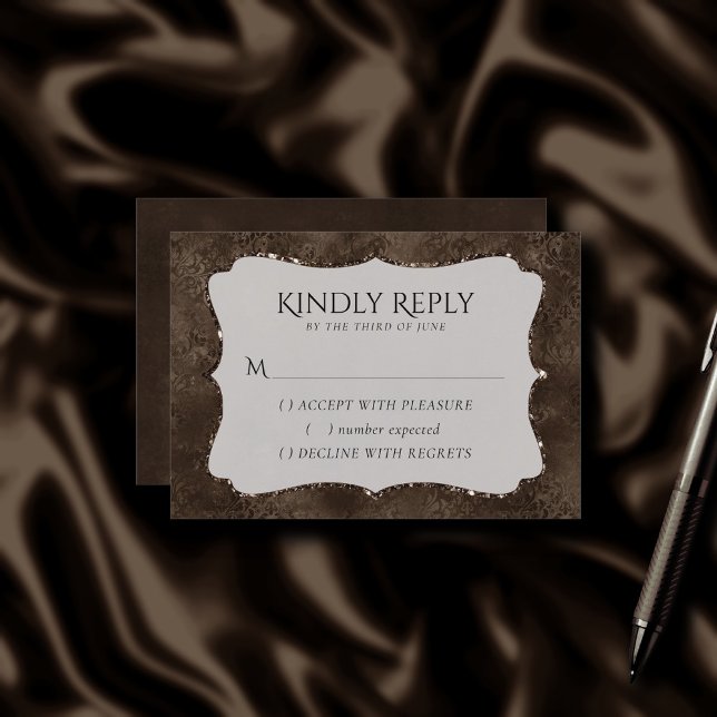 Midnight Bronze Romance | Satiny Grunge Damask RSVP Card (Creator Uploaded)