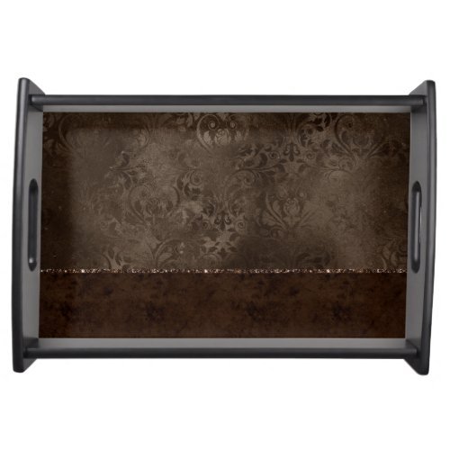 Midnight Bronze Romance  Satiny Grunge Damask Serving Tray