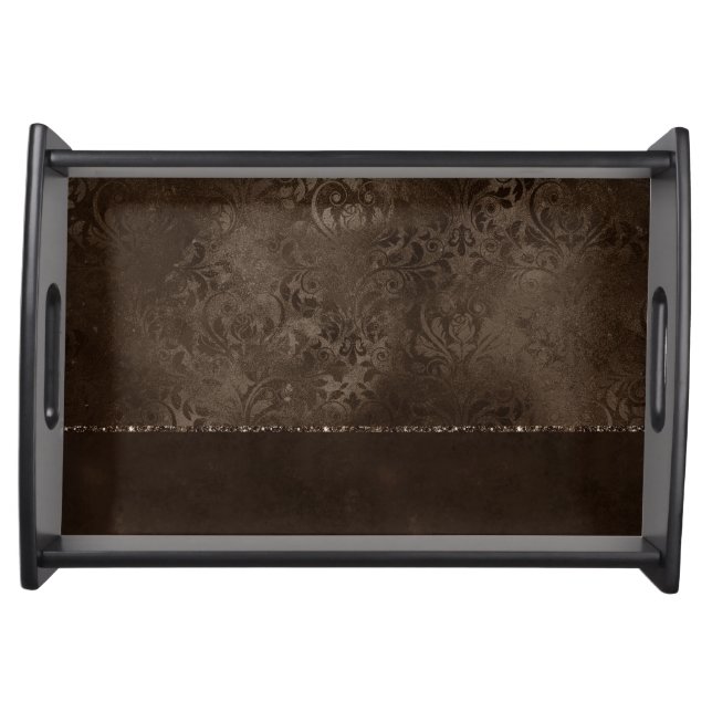 Midnight Bronze Romance | Satiny Grunge Damask Serving Tray (Front)