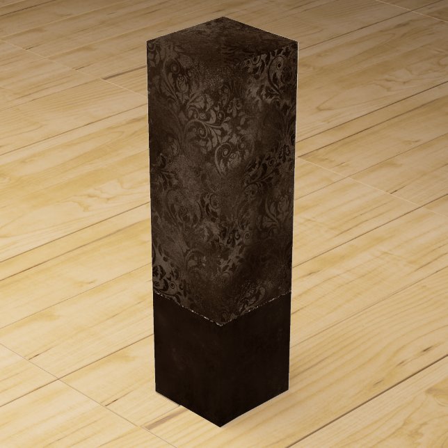Midnight Bronze Romance | Satiny Grunge Damask Wine Box (Front)