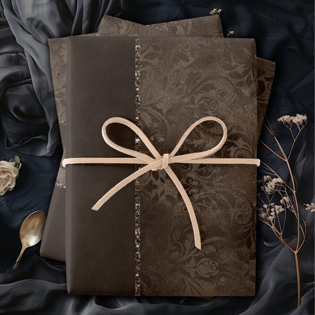 Midnight Bronze Romance | Satiny Grunge Damask Wrapping Paper Sheets (Creator Uploaded)