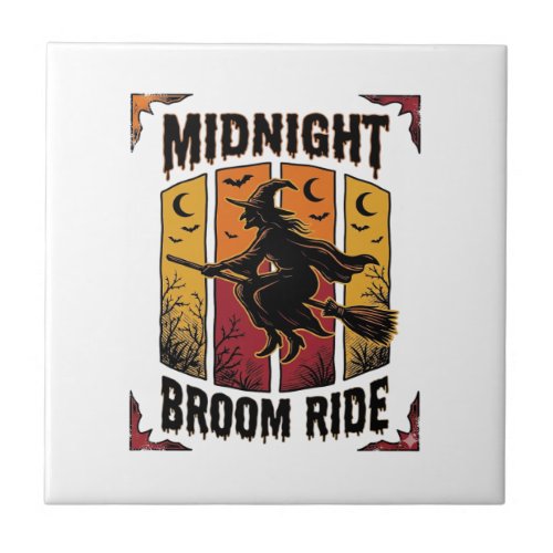 Midnight Broom Ride Vintage Witch Halloween Graphi Ceramic Tile
