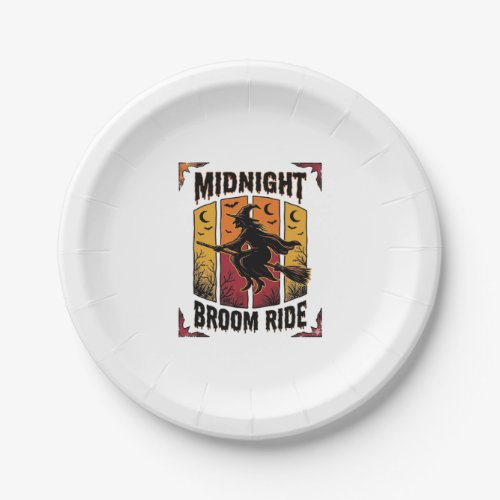 Midnight Broom Ride Vintage Witch Halloween Graphi Paper Plates