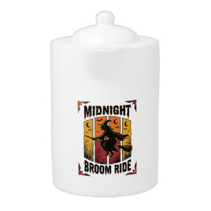 Midnight Broom Ride Vintage Witch Halloween Graphi Teapot