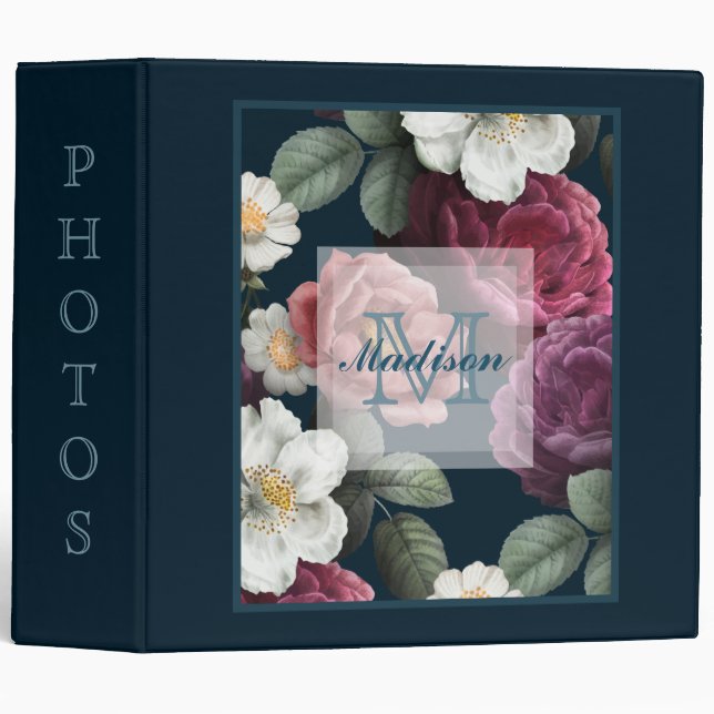 Midnight Burgundy And White Floral Photo Album/ 3 Ring Binder (Front/Spine)