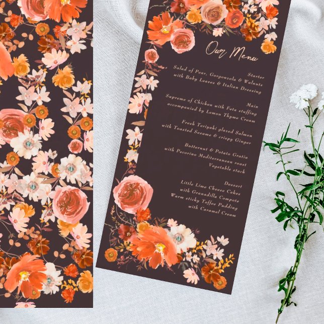 Midnight Burnt Orange Floral Frame Bouquet Wedding Menu (Creator Uploaded)