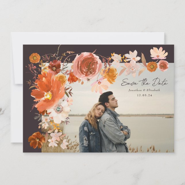 Midnight Burnt Orange Floral Wedding Photo Save The Date (Front)