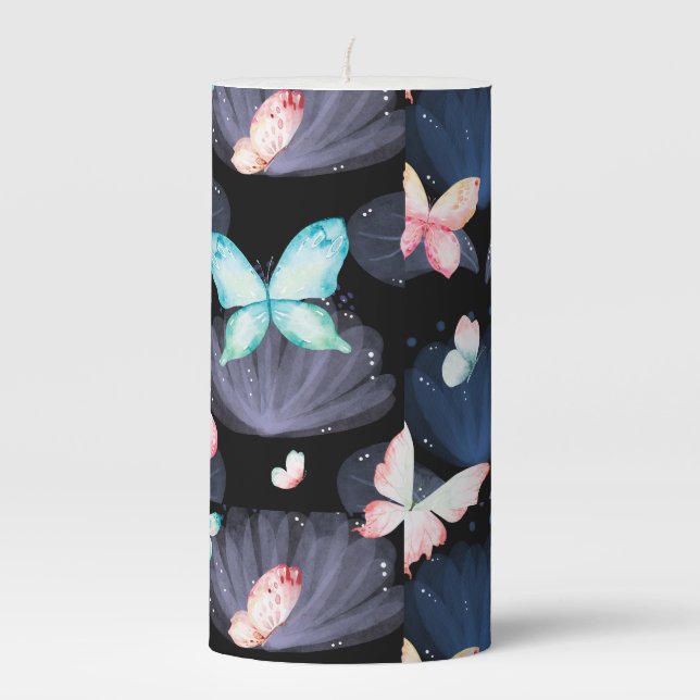 Midnight Butterflies in Flight Pillar Candle (Front)