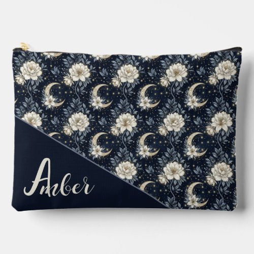Midnight Celestial Floral & Crescent Moon Design Accessory Pouch