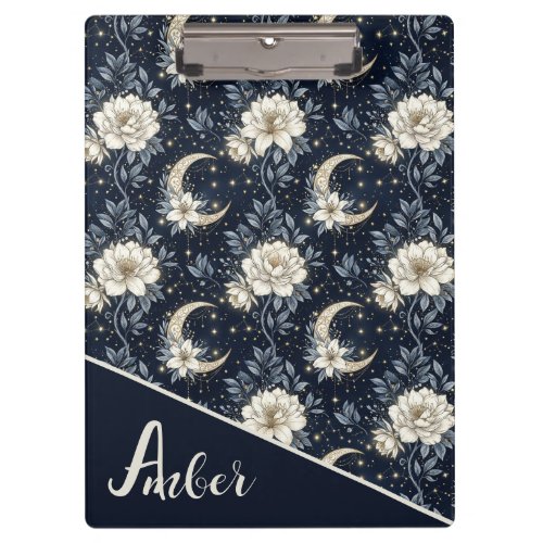Midnight Celestial Floral & Crescent Moon Design Clipboard