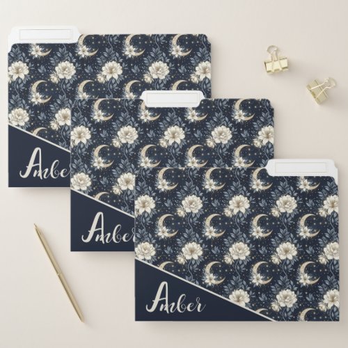 Midnight Celestial Floral & Crescent Moon Design File Folder